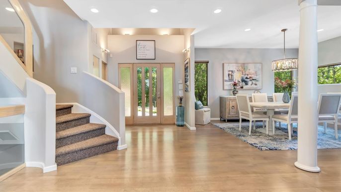 Dining room, Interior, Pendant Lights, Recessed Lighting, Wood Texture Flooring