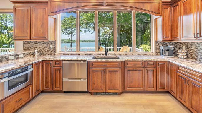 Interior, Kitchen, Stainless Steel Appliances, Water, Wood Texture Flooring