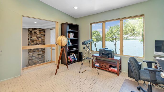 Home Office, Interior, Recessed Lighting, Stone Walls, Water