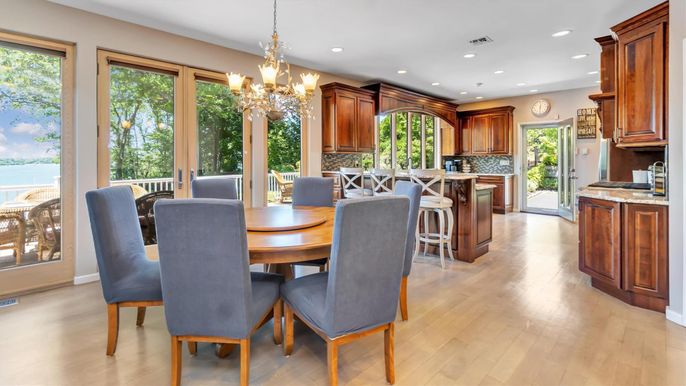 Chandelier, Dining room, Interior, Kitchen, Recessed Lighting, Wood Texture Flooring