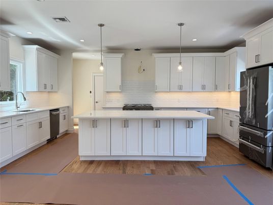 Interior, Kitchen, Pendant Lights, Recessed Lighting, Wood Texture Flooring