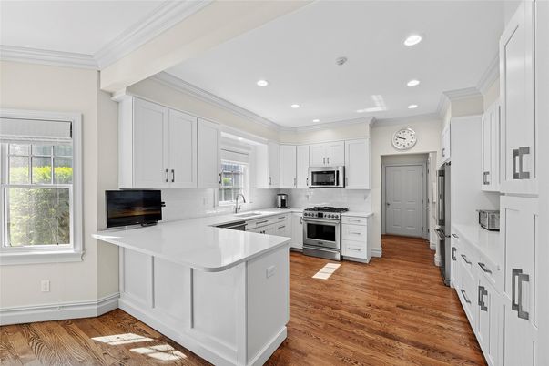 Interior, Kitchen, Recessed Lighting, Stainless Steel Appliances, Wood Texture Flooring