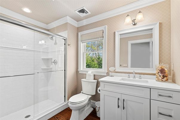 Bathroom, Glass Shower, Interior, Recessed Lighting, Wood Texture Flooring