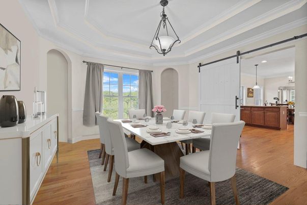 Dining room, Interior, Pendant Lights, Recessed Lighting, Wood Texture Flooring