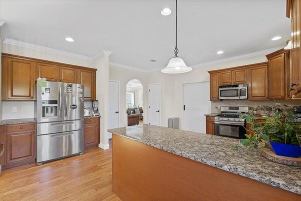 Interior, Kitchen, Pendant Lights, Recessed Lighting, Stainless Steel Appliances, Wood Texture Flooring