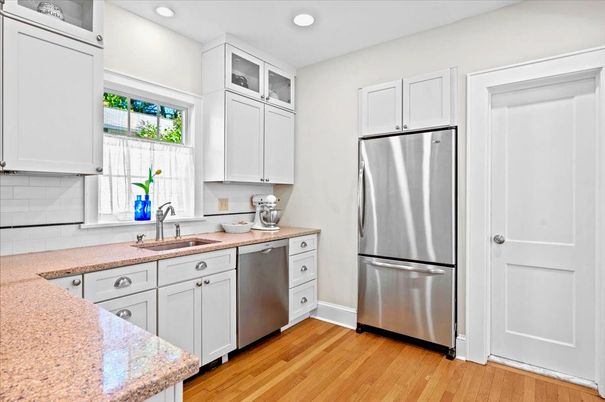 Interior, Kitchen, Recessed Lighting, Stainless Steel Appliances, Wood Texture Flooring