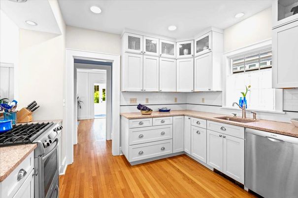 Interior, Kitchen, Recessed Lighting, Stainless Steel Appliances, Wood Texture Flooring