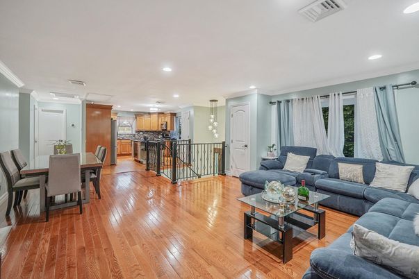 Dining room, Interior, Kitchen, Living room, Pendant Lights, Recessed Lighting, Wood Texture Flooring