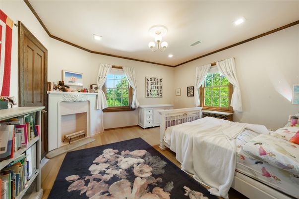 Bedroom, Fireplace, Interior, Recessed Lighting, Wood Texture Flooring