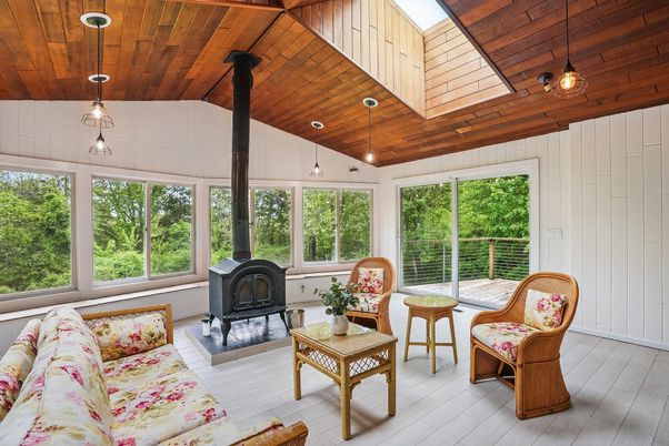 Fireplace, Interior, Living room, Pendant Lights, Sun Room, Wooden Ceilings, Wood Texture Flooring