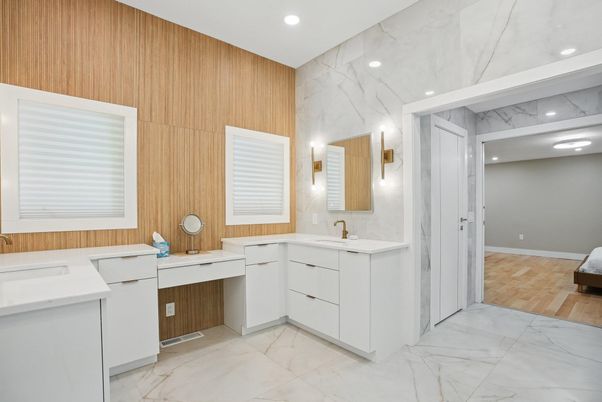 Bathroom, Dual Sink Vanities, Interior, Marble, Marble Walls, Recessed Lighting