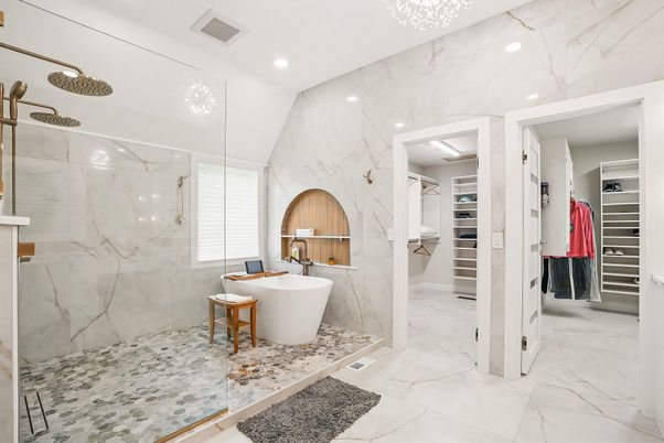 Bathroom, Dual Sink Vanities, Free Standing Baths, Glass Shower, Interior, Marble, Marble Walls, Recessed Lighting, Walk-in Closets