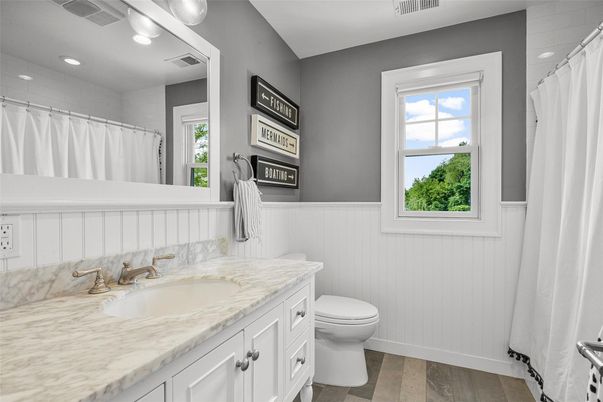 Bathroom, Interior, Recessed Lighting, Wood Texture Flooring