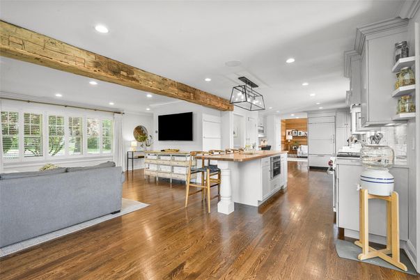 Dining room, Interior, Kitchen, Recessed Lighting, Wooden Beams, Wood Texture Flooring