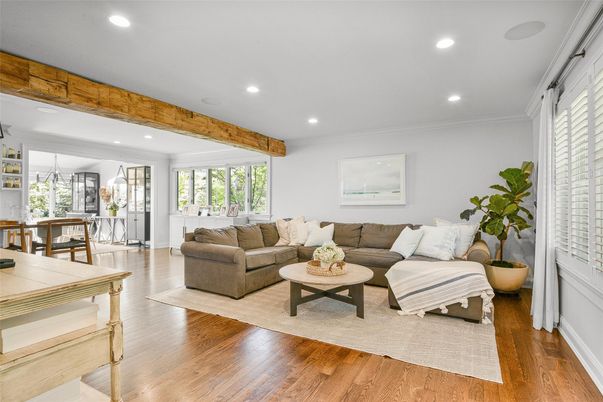 Dining room, Interior, Living room, Recessed Lighting, Wooden Beams, Wood Texture Flooring
