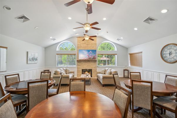 Dining room, Fireplace, Interior, Living room, Recessed Lighting, Stone Walls