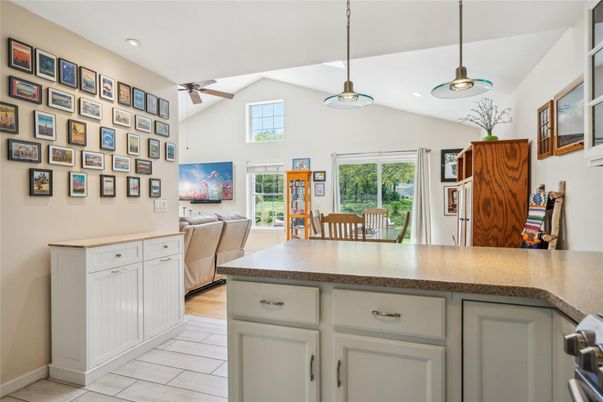 Dining room, Interior, Pendant Lights, Recessed Lighting, Wood Texture Flooring