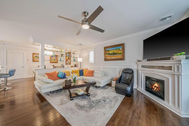 Fireplace, Interior, Kitchen, Living room, Recessed Lighting, Wood Texture Flooring