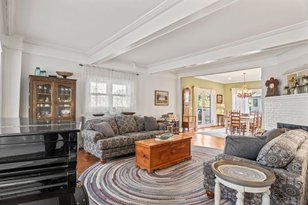 Chandelier, Dining room, Fireplace, Interior, Living room, Recessed Lighting, Wood Texture Flooring