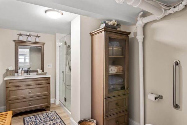Bathroom, Glass Shower, Interior, Wood Texture Flooring