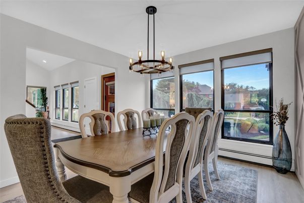 Chandelier, Dining room, Interior, Recessed Lighting, Wood Texture Flooring