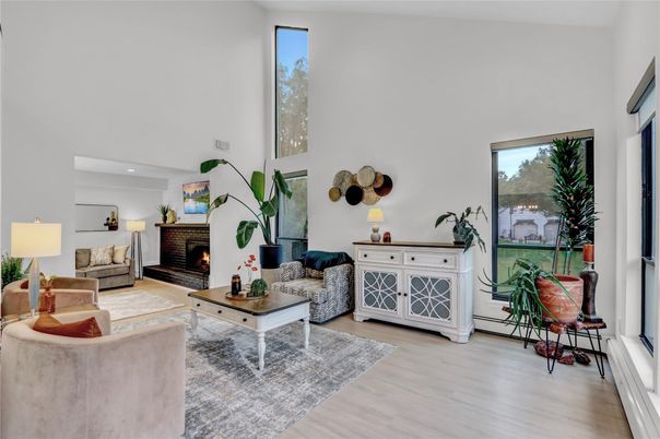 Fireplace, Interior, Living room, Recessed Lighting, Wood Texture Flooring