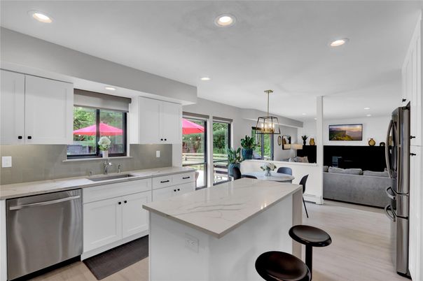 Interior, Kitchen, Living room, Pendant Lights, Recessed Lighting, Stainless Steel Appliances, Wood Texture Flooring