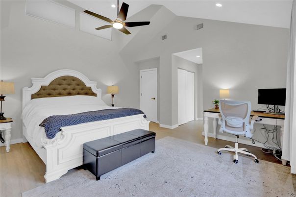 Bedroom, Home Office, Interior, Recessed Lighting, Wood Texture Flooring