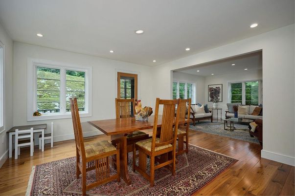 Dining room, Interior, Living room, Recessed Lighting, Wood Texture Flooring