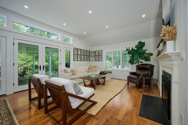 Fireplace, Interior, Living room, Recessed Lighting, Wood Texture Flooring