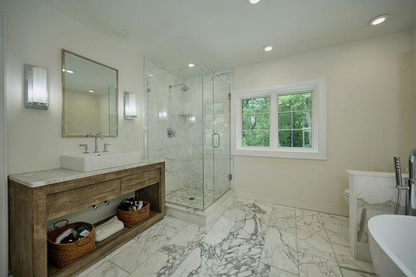 Bathroom, Dual Sink Vanities, Glass Shower, Interior, Marble, Marble Walls, Recessed Lighting