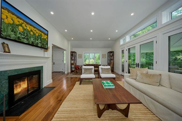 Fireplace, Interior, Living room, Recessed Lighting, Wood Texture Flooring