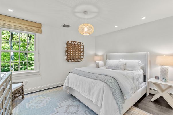 Bedroom, Interior, Pendant Lights, Recessed Lighting, Wood Texture Flooring