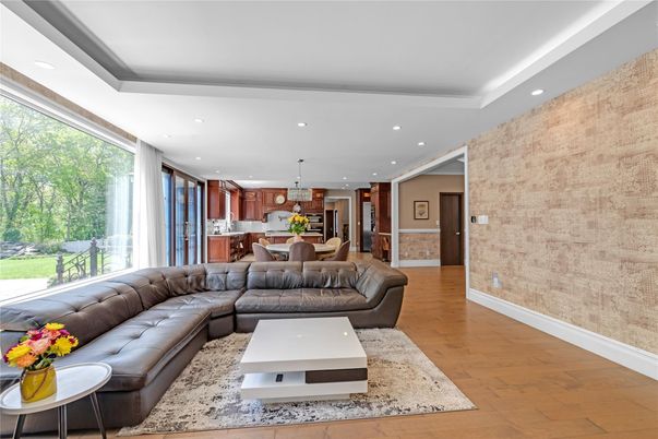 Dining room, Interior, Kitchen, Living room, Pendant Lights, Recessed Lighting, Stone Walls, Wood Texture Flooring