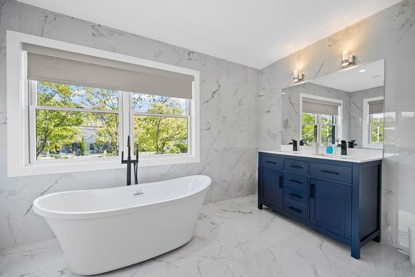 Bathroom, Dual Sink Vanities, Free Standing Baths, Interior, Marble, Marble Walls