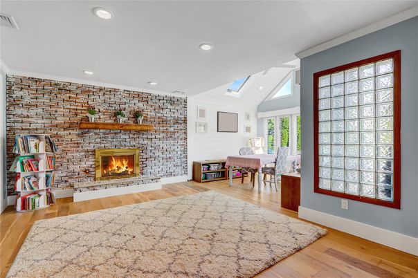 Fireplace, Interior, Recessed Lighting, Stone Walls, Wood Texture Flooring