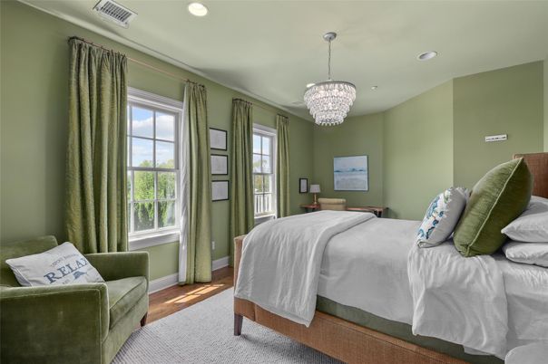 Bedroom, Chandelier, Interior, Recessed Lighting, Wood Texture Flooring