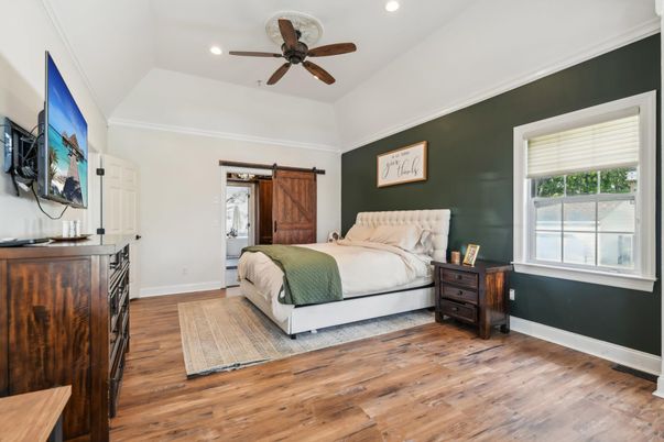 Bedroom, Interior, Recessed Lighting, Wood Texture Flooring