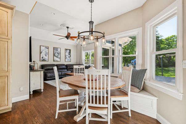 Dining room, Interior, Pendant Lights, Wood Texture Flooring