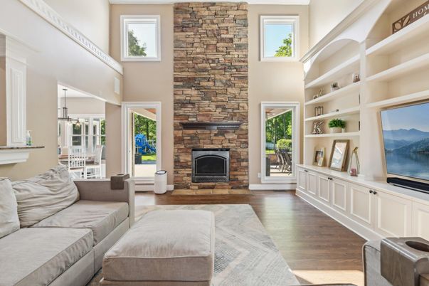 Fireplace, Interior, Living room, Stone Walls, Wood Texture Flooring