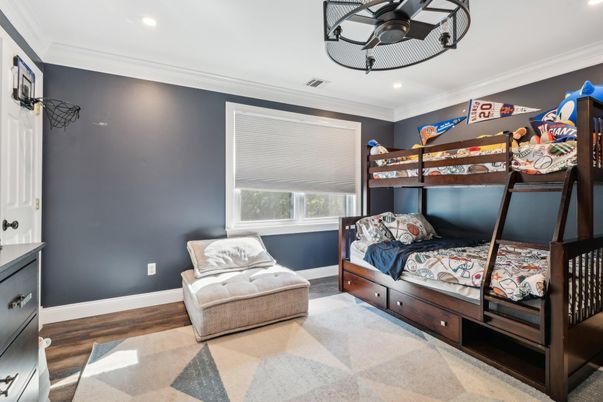 Bedroom, Interior, Recessed Lighting, Wood Texture Flooring