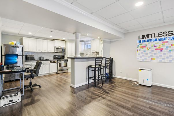 Home Office, Interior, Kitchen, Recessed Lighting, Stainless Steel Appliances, Wood Texture Flooring