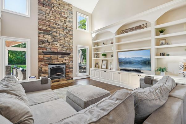 Fireplace, Interior, Living room, Stone Walls, Wood Texture Flooring