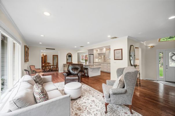 Dining room, Interior, Kitchen, Living room, Recessed Lighting, Wood Texture Flooring