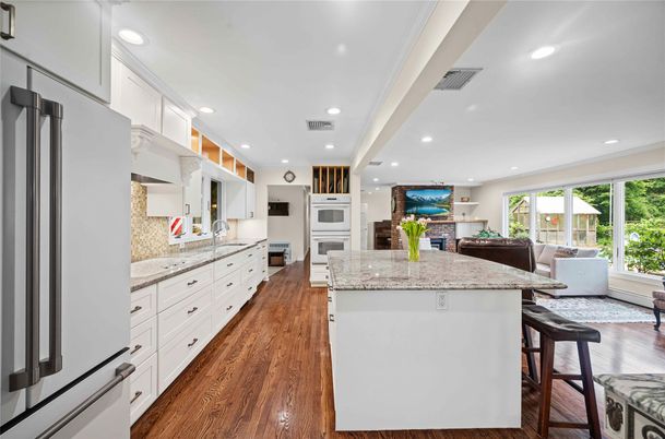 Interior, Kitchen, Living room, Recessed Lighting, Stainless Steel Appliances, Wood Texture Flooring