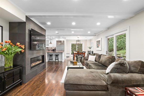 Dining room, Fireplace, Interior, Kitchen, Living room, Pendant Lights, Recessed Lighting, Stainless Steel Appliances, Wood Texture Flooring