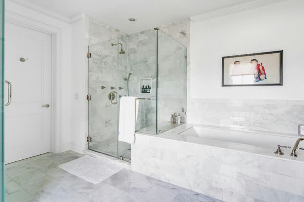Bathroom, Glass Shower, Interior, Marble, Marble Walls, Recessed Lighting