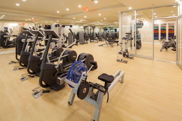 Fitness Equipment, Gym, Interior, Recessed Lighting, Wood Texture Flooring