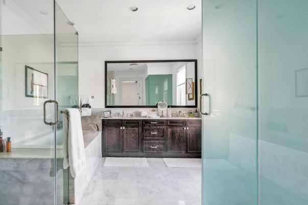 Bathroom, Dual Sink Vanities, Glass Shower, Interior, Marble, Recessed Lighting