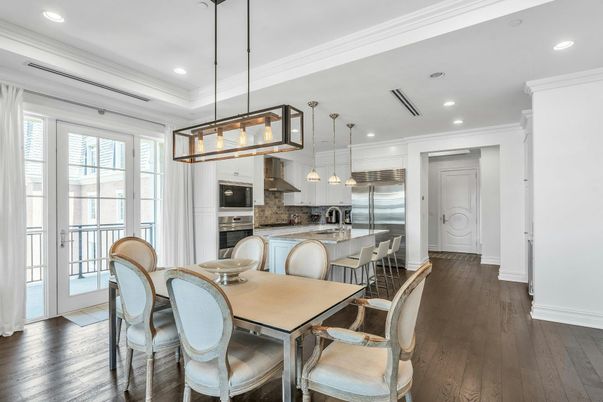 Dining room, Interior, Kitchen, Pendant Lights, Recessed Lighting, Stainless Steel Appliances, Wood Texture Flooring